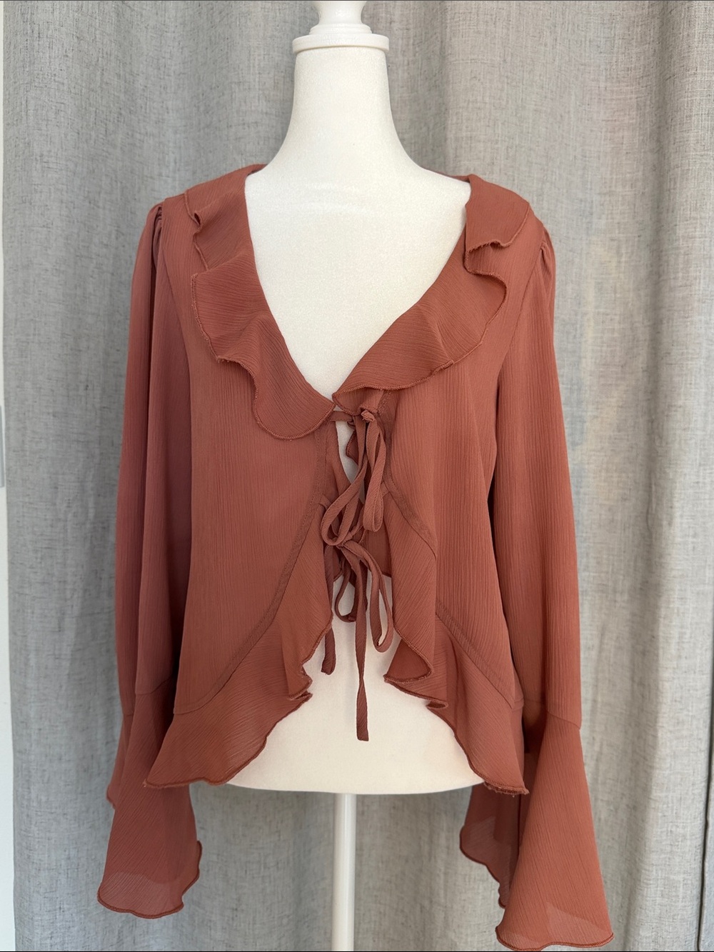 Ruffled Tie-Front Blouse in Rust Brown